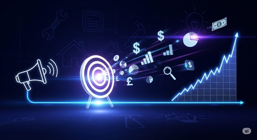 A futuristic and modern conceptual image for PPC advertising. A glowing target icon is in the center, with various digital marketing icons, like money and a megaphone, flying towards it. The background features subtle icons of home service tools, conveying a focused and results-driven approach.