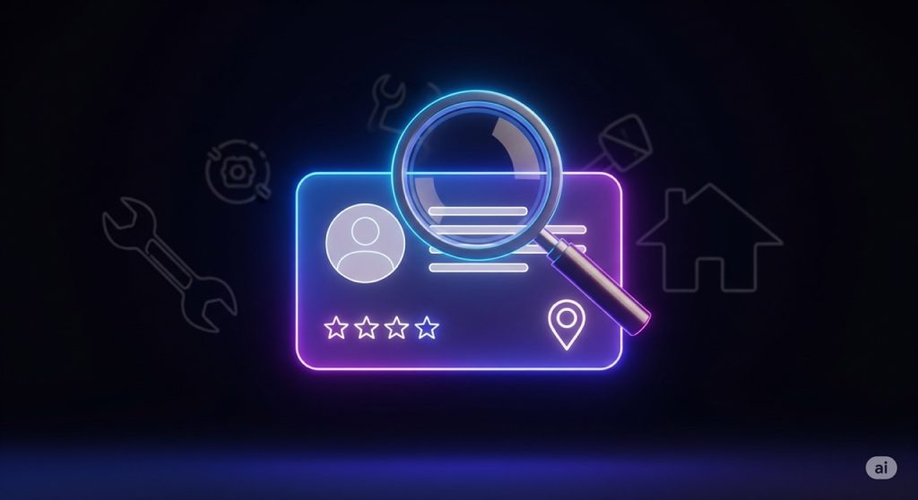 A futuristic and modern conceptual image for Google Business Profile optimization. A glowing business profile card with a star rating and location pin is the central focus, with a magnifying glass hovering over it. The dark background features subtle icons of home service tools, suggesting a focused approach to improving a business's online presence.