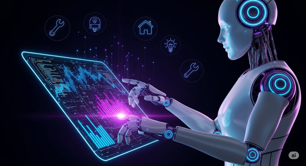 A futuristic and modern conceptual image for AI automation. A sleek, stylized robot with neon accents interacts with a glowing digital interface displaying data and code. The dark background features subtle icons of home service tools, conveying the use of AI to automate tasks for the home service industry.