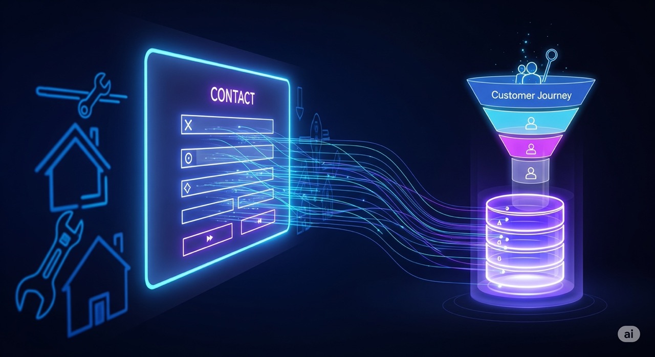 A futuristic and modern conceptual image for a lead capture and CRM automation service. A glowing contact form and a customer journey funnel are connected to a glowing database icon by lines of light, with the dark background featuring subtle icons of home service tools.