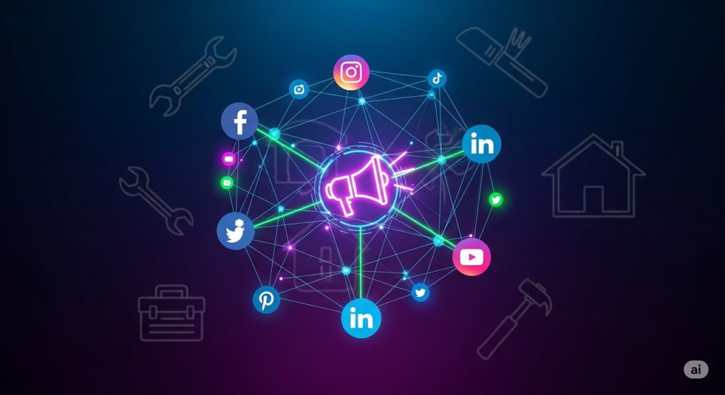 A futuristic and modern conceptual image for social media marketing. The image features a network of glowing social media icons, like Facebook and Instagram, connected by lines of light with a central megaphone icon. The dark background features subtle icons of home service tools, conveying the use of social media to connect with the target audience.