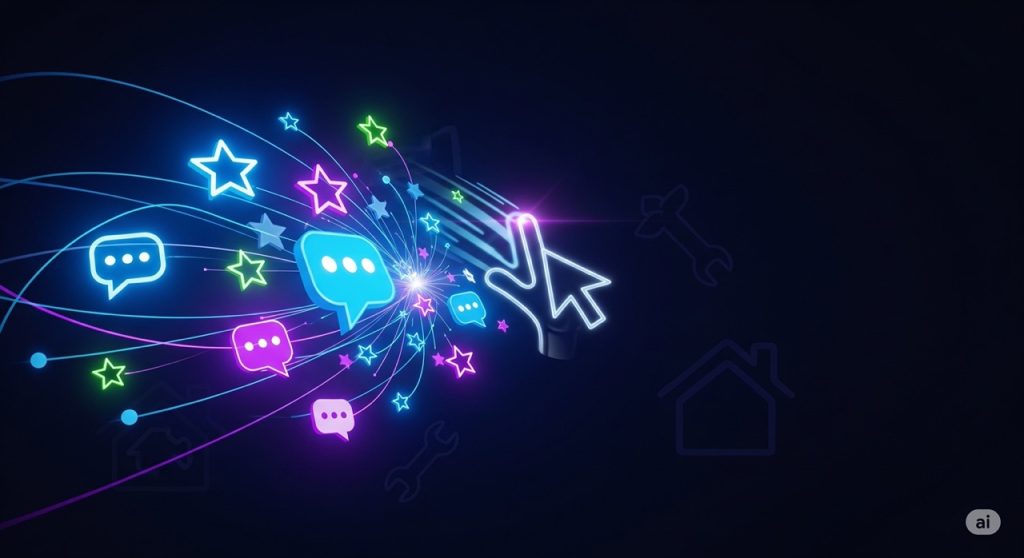 A futuristic and modern conceptual image for review management. Glowing star ratings and speech bubble icons are organized by a glowing cursor. The dark background features subtle icons of home service tools, conveying the management of customer feedback for the home service industry.