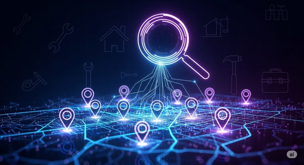A futuristic and modern conceptual image for local SEO. The image displays a glowing, stylized map with multiple neon-lit location pins connected by lines of light, with a magnifying glass hovering over them. The background features subtle icons of home service tools, conveying a focus on localized digital marketing.
