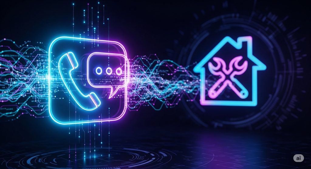 A futuristic and modern conceptual image for a "reach out to us" section. A large, glowing phone and chat bubble icon are connected to a stylized house and tools icon by lines of light, with a dark, high-tech background and neon blue and purple colors.