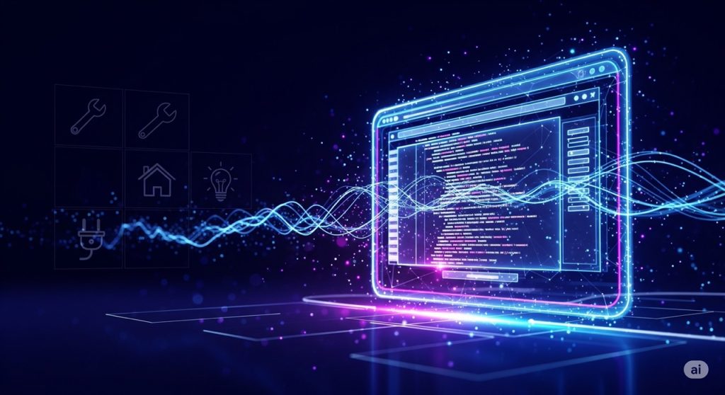 A futuristic and modern conceptual image of a website interface. The image shows glowing lines of code and abstract shapes in neon blue and purple hues on a dark background. Subtle icons of home service tools are integrated into the design, conveying a high-tech approach to website development for the home service industry.