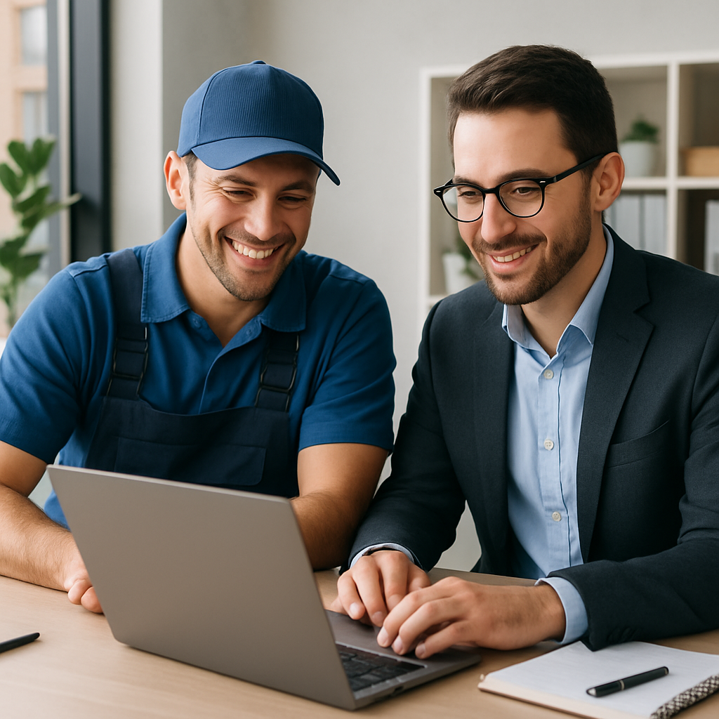 Home service business owner and digital marketer collaborating in front of computer